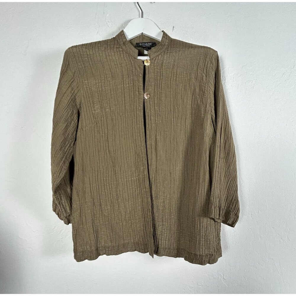 Citron Santa Monica Olive Textured Silk Cotton Blouse Jacket 0X Mandarin Collar